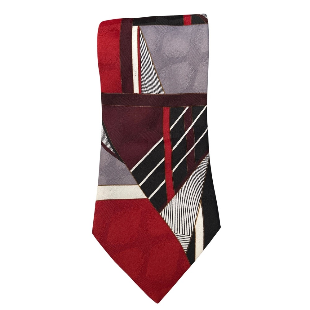 Haggar Geometric Pattern Silk Necktie Burgundy Gray Black White